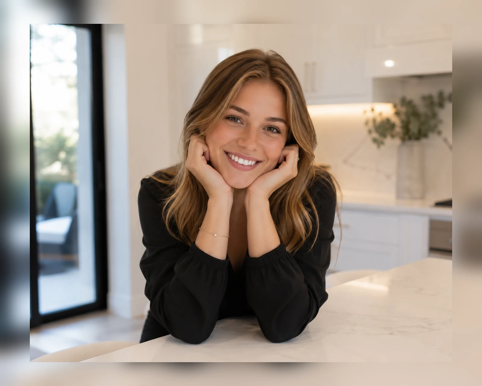 Smiling woman leaning on a kitchen counter